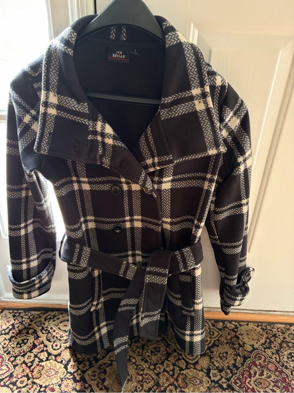 Ike Behar Black and White Plaid Belted Pea Coat